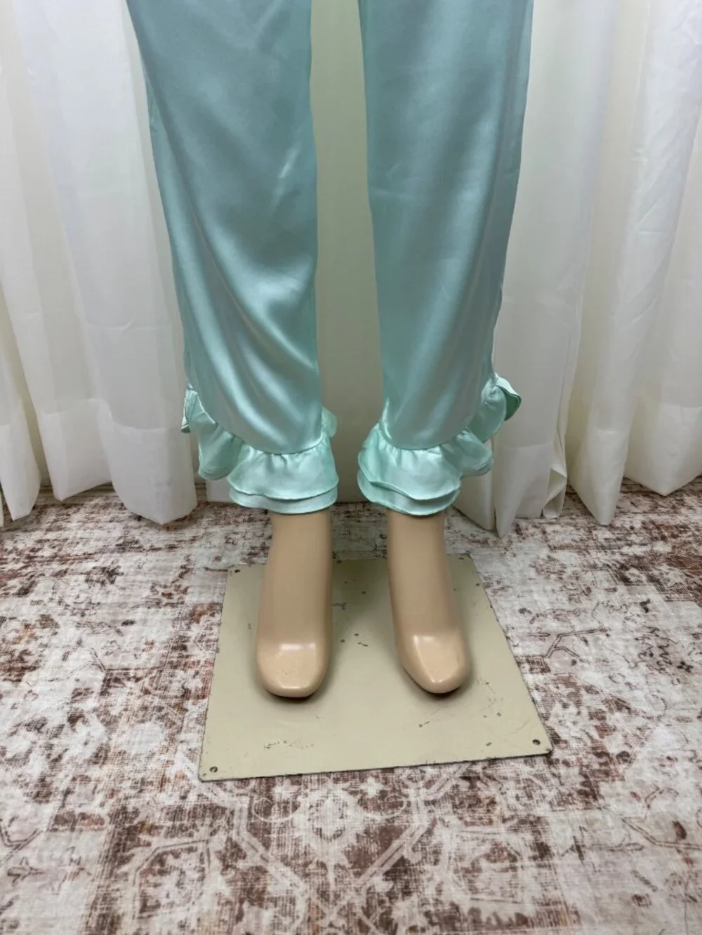 NWOT Victoria's Secret Afterhours Satin Pajama Pants Mint Green Ruffle Hem Mediu